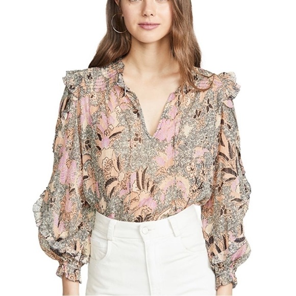 Ulla Johnson Silk-Blend Ruffle Floral Lara Blouse in Ivory, Size 0 - Picture 1 of 14